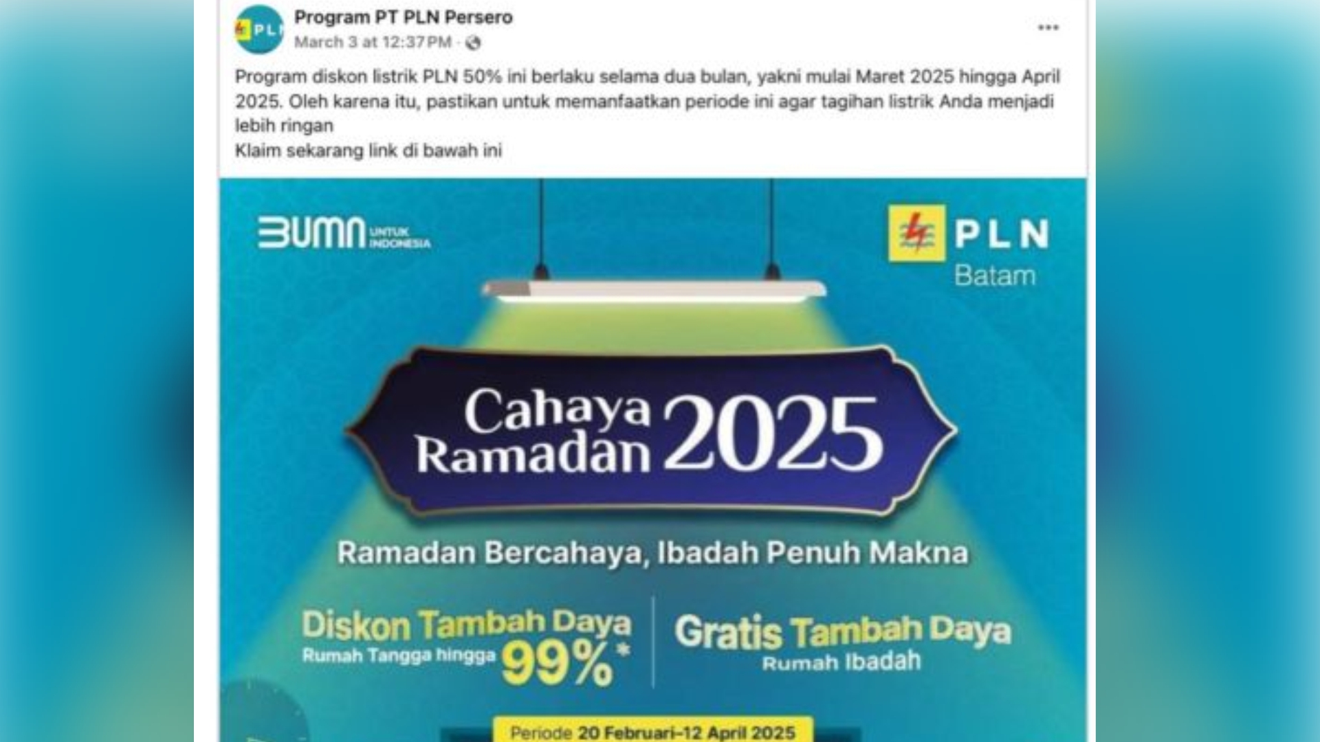 Hoaks! Diskon Listrik 50 Persen PLN Tidak Berlaku pada Maret-April 2025